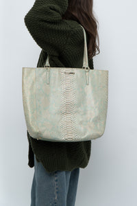 BRAHMIN x Teal, Cream Irridescent Leather Tote