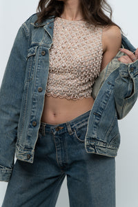 Vintage x Baby Pink Pearl Beaded Cropped Knit Tank (S, B-C Cup)