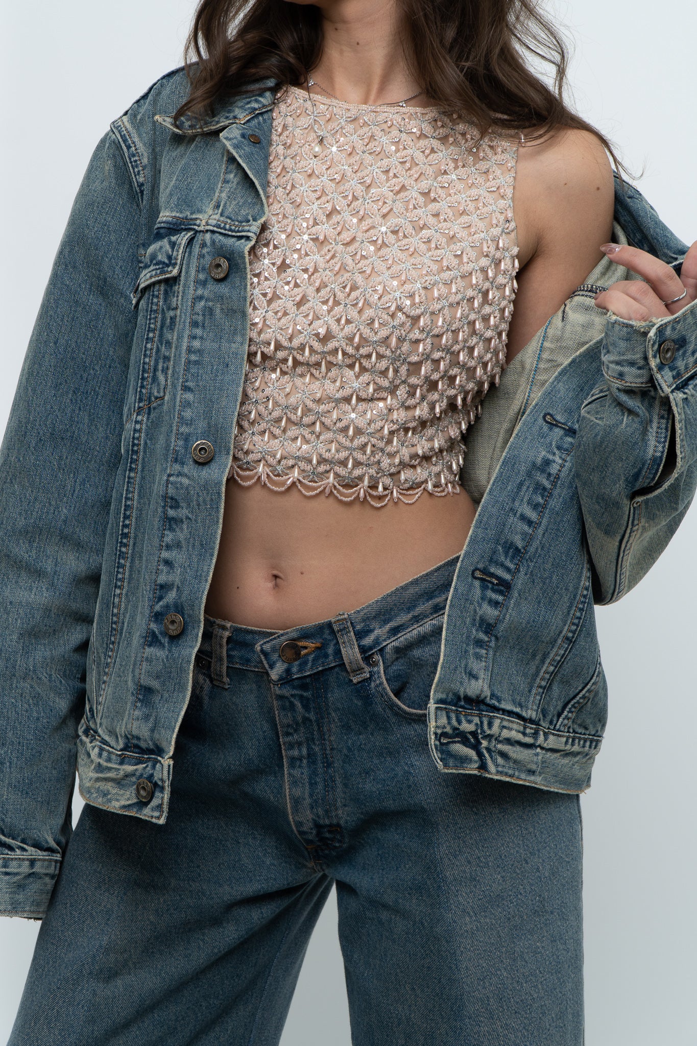Vintage x Baby Pink Pearl Beaded Cropped Knit Tank (S, B-C Cup)