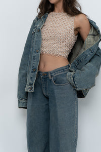 Vintage x Baby Pink Pearl Beaded Cropped Knit Tank (S, B-C Cup)