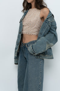 Vintage x Baby Pink Pearl Beaded Cropped Knit Tank (S, B-C Cup)