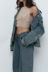 Vintage x Baby Pink Pearl Beaded Cropped Knit Tank (S, B-C Cup)