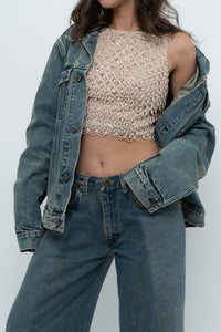 Vintage x Baby Pink Pearl Beaded Cropped Knit Tank (S, B-C Cup)