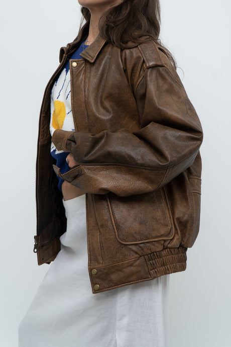 Vintage x Faded Brown Leather Bomber Jacket (M-XL)
