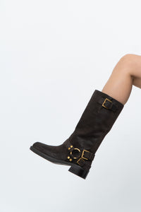 MICHAEL KORS x Deadstock Dark Brown Suede Biker Boot (7, 7.5)