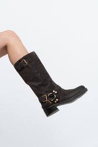 MICHAEL KORS x Deadstock Dark Brown Suede Biker Boot (7, 7.5)