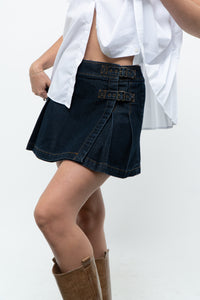 Vintage x Dark-Wash Denim Pleated Buckle Skirt (S, M)