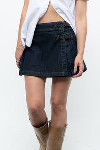 Vintage x Dark-Wash Denim Pleated Buckle Skirt (S, M)