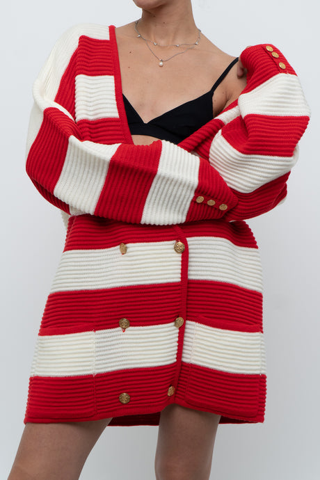 Vintage x Red, Cream Striped Knit Oversized Dress/Cardigan (M-XL)