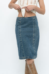Vintage x Panelled Denim Cotton Midwash Midi Skirt (XS, S)