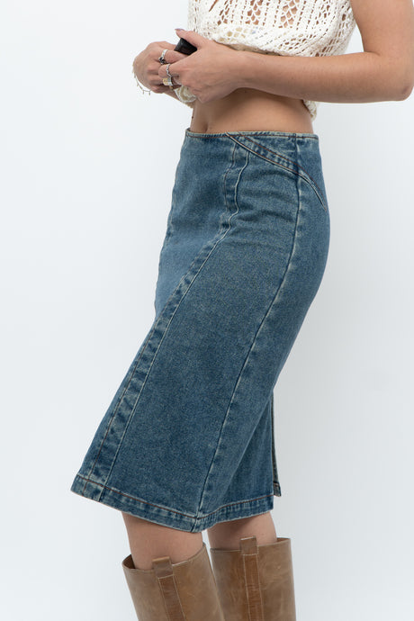 Vintage x Panelled Denim Cotton Midwash Midi Skirt (XS, S)