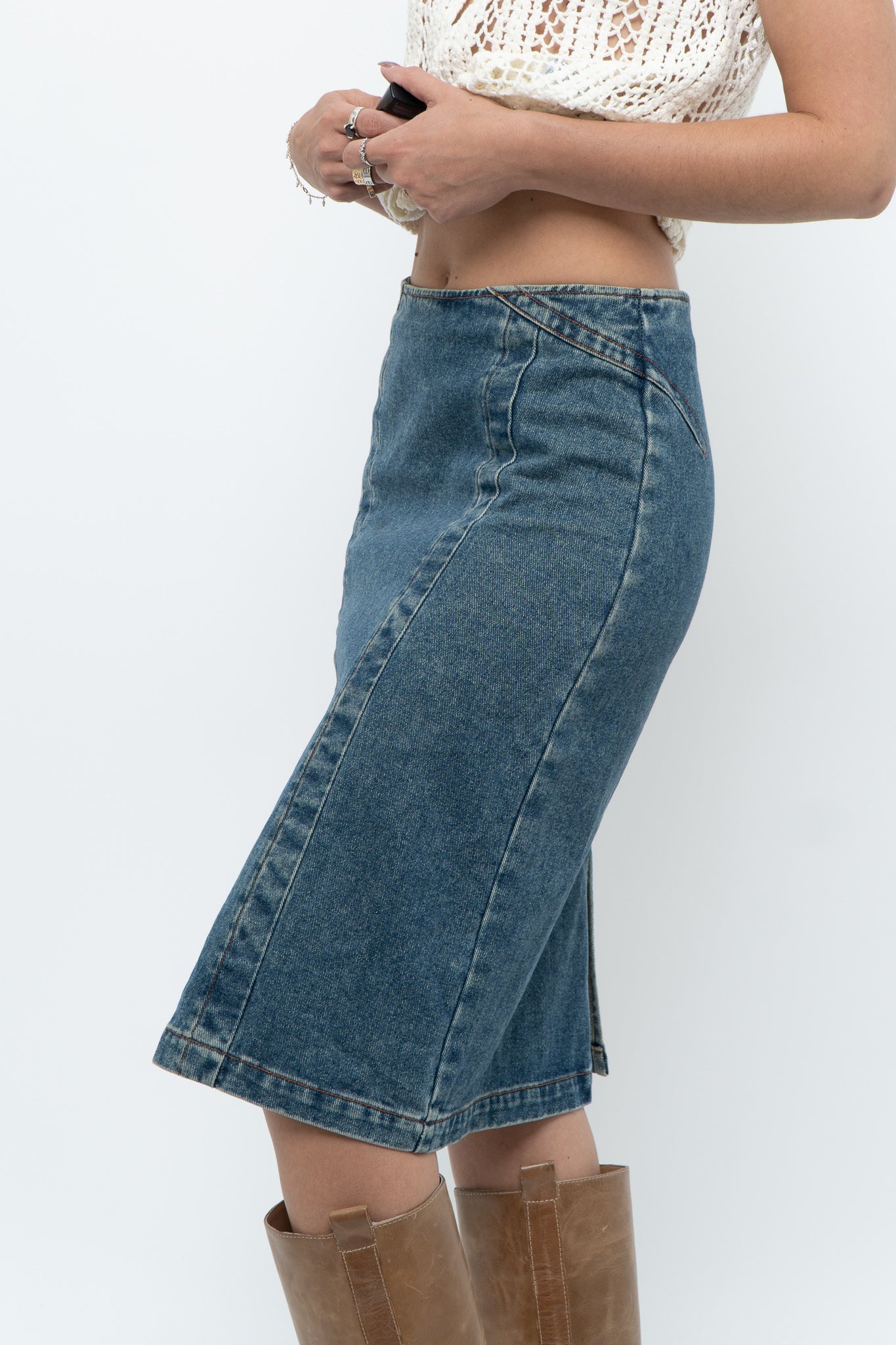 Vintage x Panelled Denim Cotton Midwash Midi Skirt (XS, S)