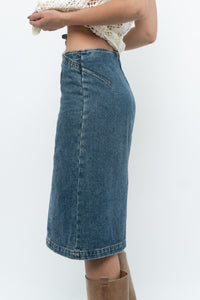 Vintage x Panelled Denim Cotton Midwash Midi Skirt (XS, S)