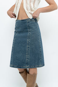 Vintage x Panelled Denim Cotton Midwash Midi Skirt (XS, S)