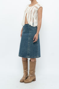 Vintage x Panelled Denim Cotton Midwash Midi Skirt (XS, S)