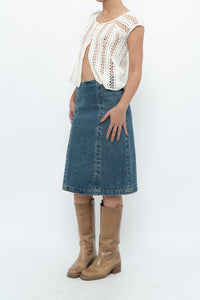 Vintage x Panelled Denim Cotton Midwash Midi Skirt (XS, S)