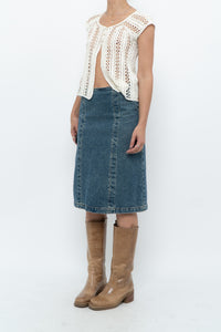 Vintage x Panelled Denim Cotton Midwash Midi Skirt (XS, S)