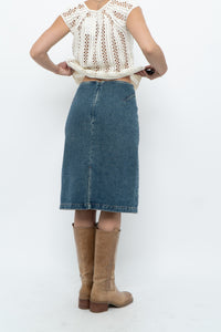 Vintage x Panelled Denim Cotton Midwash Midi Skirt (XS, S)