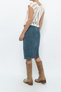 Vintage x Panelled Denim Cotton Midwash Midi Skirt (XS, S)