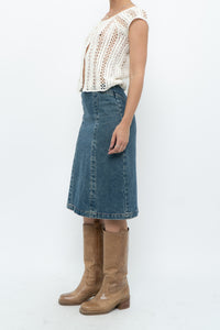 Vintage x Panelled Denim Cotton Midwash Midi Skirt (XS, S)