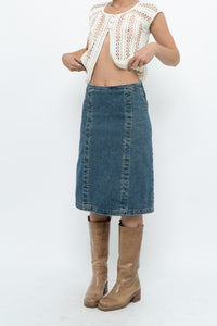 Vintage x Panelled Denim Cotton Midwash Midi Skirt (XS, S)