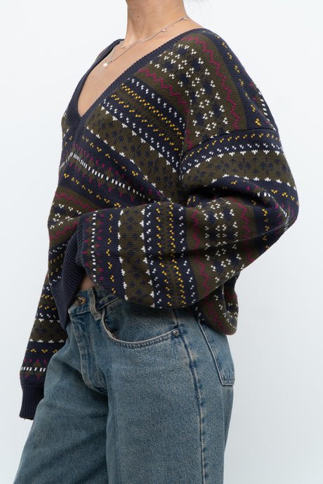 Vintage x Made in Korea x Navy Patterned Cotton Oversized Knit Sweater (XS-XL)
