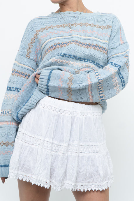 Vintage x Baby Blue Cotton Patterned Oversized Sweater (XS-L)