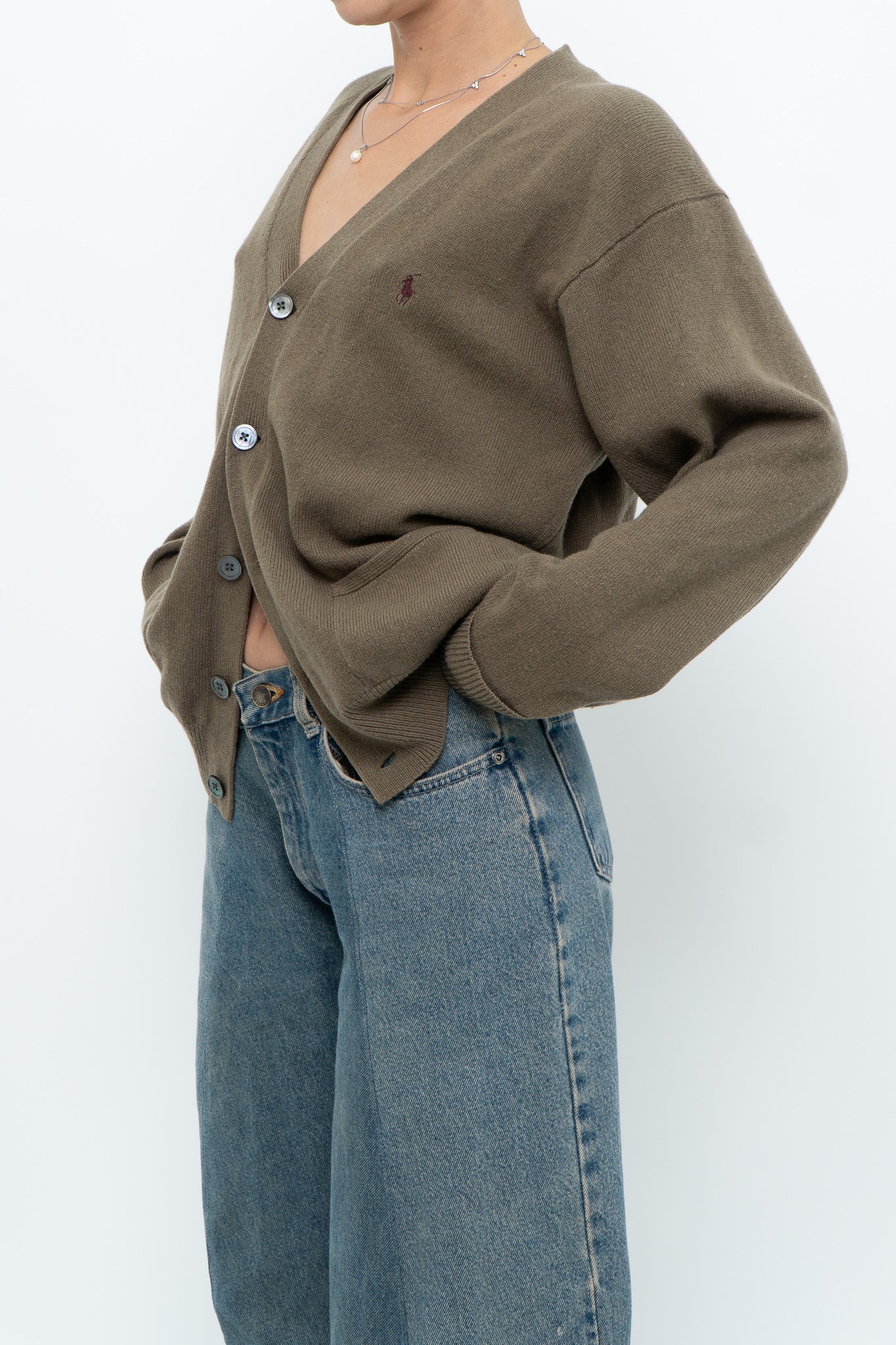 Vintage x RALPH LAUREN Olive Green, Burgundy Wool Cardigan (XS-L)