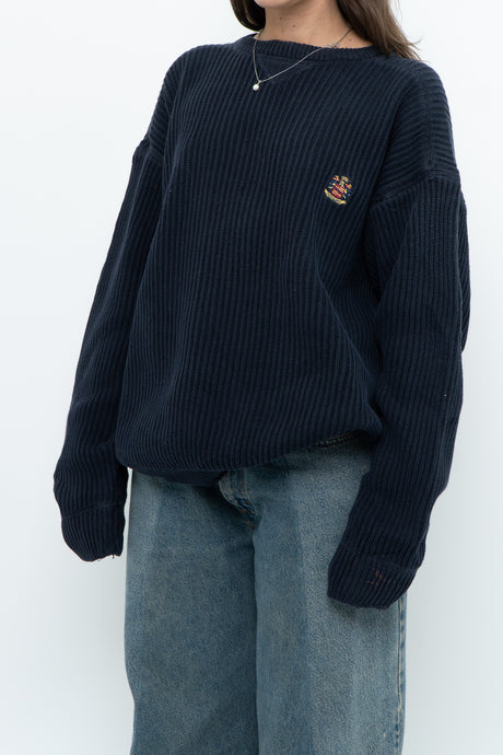 Vintage x Worn Navy Embroidered Logo Ribbed Knit Sweater (S-L)