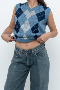 Vintage x Blue Knit Argyle Vest (XS-M)