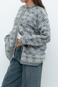Vintage x Made in Hong Kong x Blue, Cream Patterned Wool Knit Cardigan (XS-M)