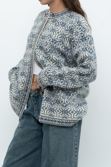 Vintage x Made in Hong Kong x Blue, Cream Patterned Wool Knit Cardigan (XS-M)