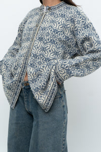 Vintage x Made in Hong Kong x Blue, Cream Patterned Wool Knit Cardigan (XS-M)