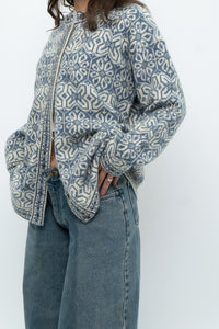 Vintage x Made in Hong Kong x Blue, Cream Patterned Wool Knit Cardigan (XS-M)