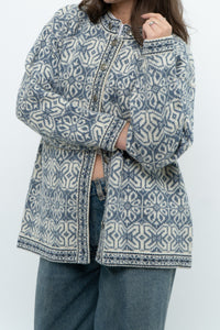 Vintage x Made in Hong Kong x Blue, Cream Patterned Wool Knit Cardigan (XS-M)
