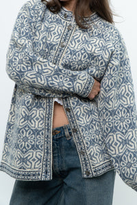 Vintage x Made in Hong Kong x Blue, Cream Patterned Wool Knit Cardigan (XS-M)
