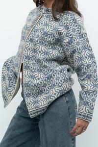 Vintage x Made in Hong Kong x Blue, Cream Patterned Wool Knit Cardigan (XS-M)