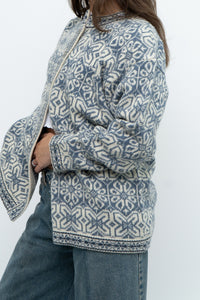 Vintage x Made in Hong Kong x Blue, Cream Patterned Wool Knit Cardigan (XS-M)