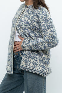 Vintage x Made in Hong Kong x Blue, Cream Patterned Wool Knit Cardigan (XS-M)