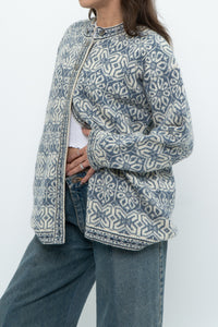 Vintage x Made in Hong Kong x Blue, Cream Patterned Wool Knit Cardigan (XS-M)