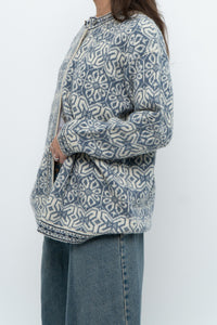 Vintage x Made in Hong Kong x Blue, Cream Patterned Wool Knit Cardigan (XS-M)