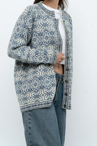 Vintage x Made in Hong Kong x Blue, Cream Patterned Wool Knit Cardigan (XS-M)