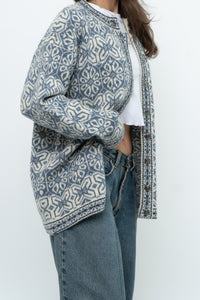 Vintage x Made in Hong Kong x Blue, Cream Patterned Wool Knit Cardigan (XS-M)