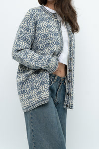 Vintage x Made in Hong Kong x Blue, Cream Patterned Wool Knit Cardigan (XS-M)