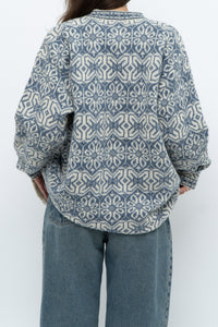 Vintage x Made in Hong Kong x Blue, Cream Patterned Wool Knit Cardigan (XS-M)