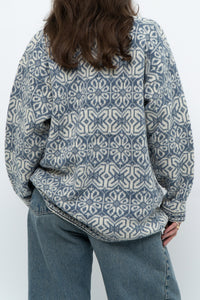 Vintage x Made in Hong Kong x Blue, Cream Patterned Wool Knit Cardigan (XS-M)