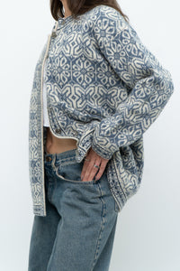 Vintage x Made in Hong Kong x Blue, Cream Patterned Wool Knit Cardigan (XS-M)
