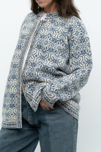 Vintage x Made in Hong Kong x Blue, Cream Patterned Wool Knit Cardigan (XS-M)