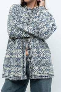 Vintage x Made in Hong Kong x Blue, Cream Patterned Wool Knit Cardigan (XS-M)