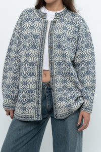 Vintage x Made in Hong Kong x Blue, Cream Patterned Wool Knit Cardigan (XS-M)